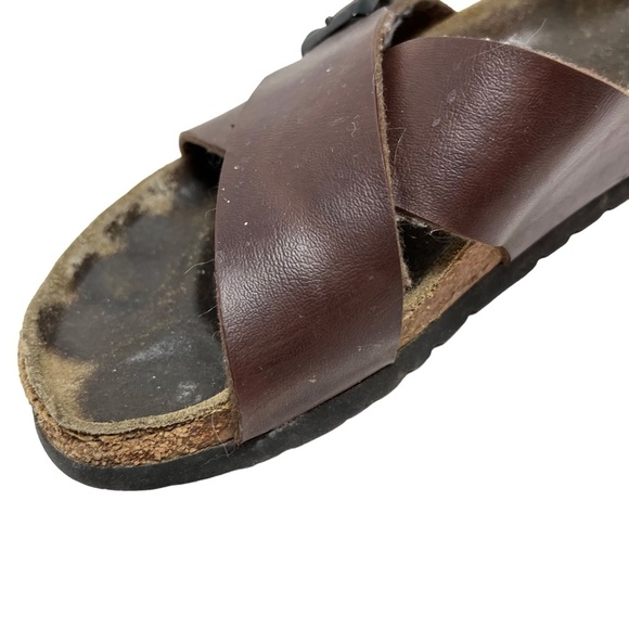 BIRKENSTOCK BIRKI'S Brown Genuine Leather Criss Cross Slides Sandals Shoes sz 6 - Picture 11 of 16